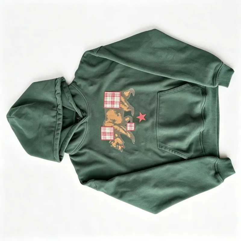Vintage Bear Print Hoodie Men Retro Green Plaid Patch Pullover Hooded Sweatshirt Casual Streetwear Long Sleeve Women Hoodies Top