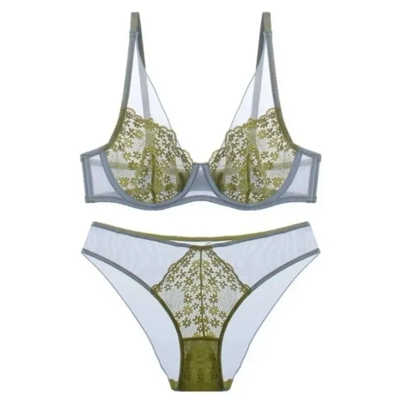 Sweet Mesh Lace Flower Bra Set Brassiere Underwear Mesh Bra Panties Kit Lingerie Thin Lace Floral Underpants Girl