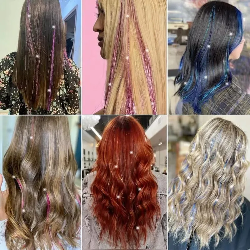 6pcs/set 38Inch Long Sparkling Fairy Hair Tinsel Rainbow Extensions Suitable for Braids Ponytails Shiny Strands Accessories