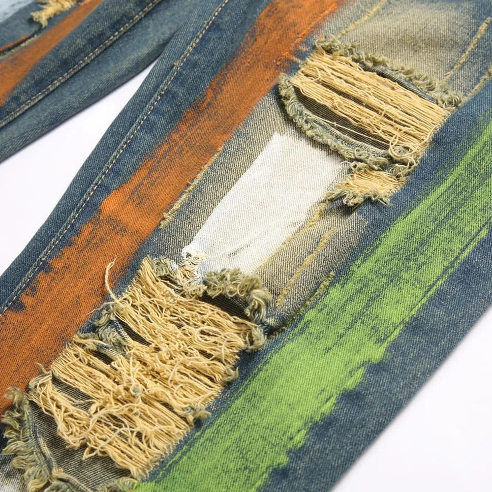 Men Painted Denim Jeans Contrast Color Holes Ripped Distressed Pants Non Stretch Cotton Slim Straight Trousers — image 5