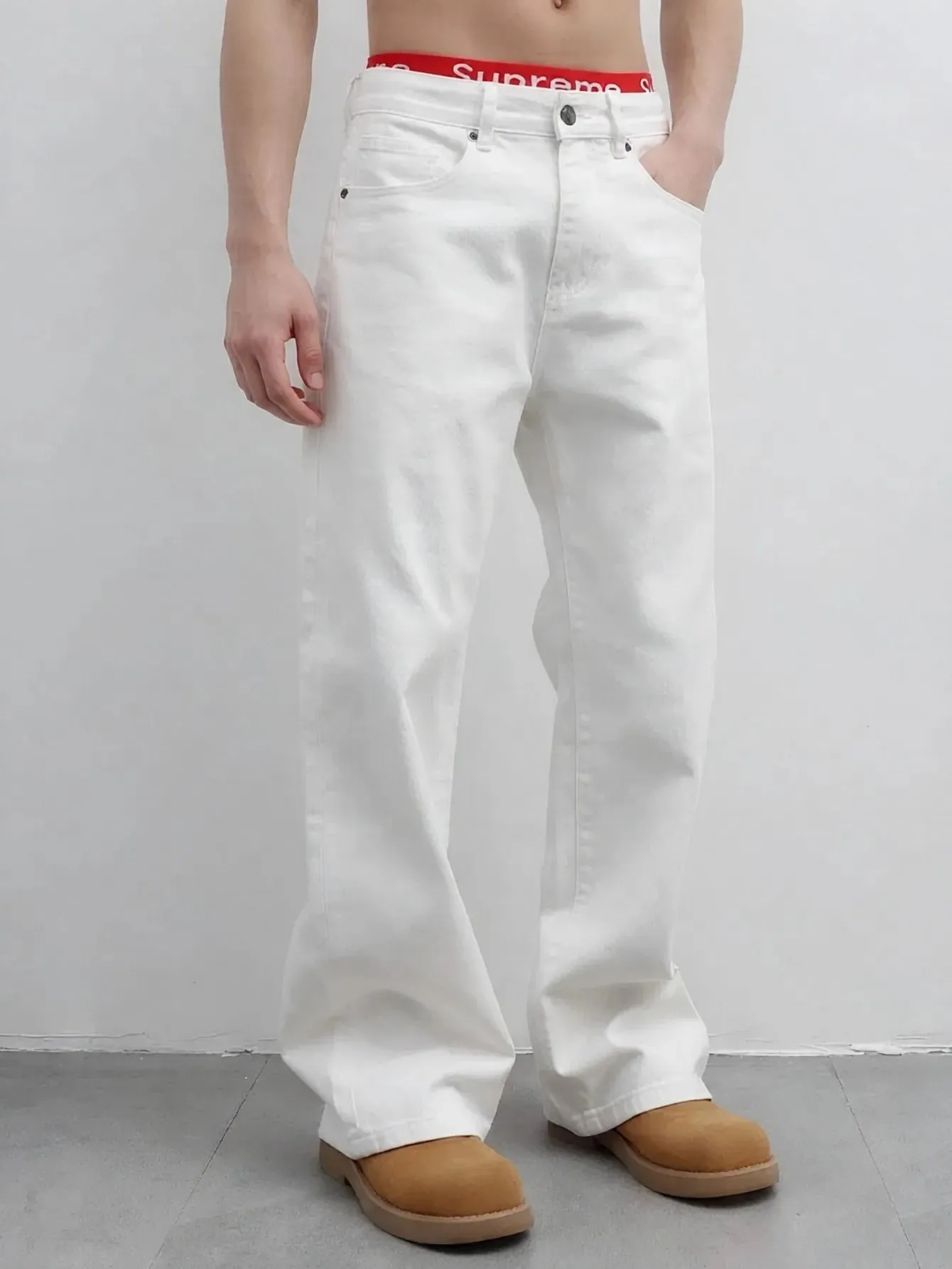 【HME】Men's Jeans | Street Fashion Denim Pants Solid White Flared‑Leg Denim Trousers With Fine Craft Stitching Versatile Casual Pants Well‑Built Denim Bottoms Trendy Male Denim Apparel For Multiple Daily Occasions — image 5
