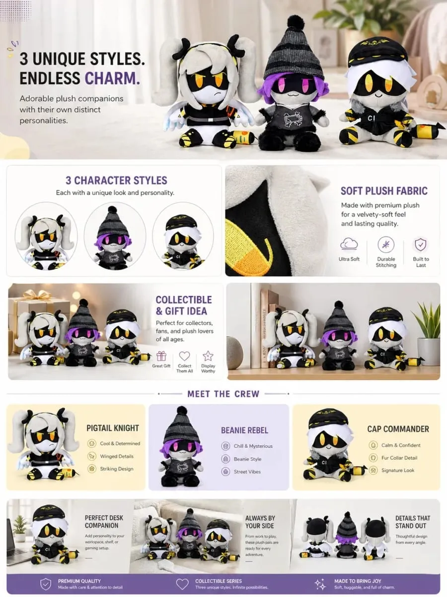 Cute Plush Doll Set – 3PCS N Cyn & V Character Stuffed Toys Soft Plushies for Desktop Decor Kids Play Birthday — image 8