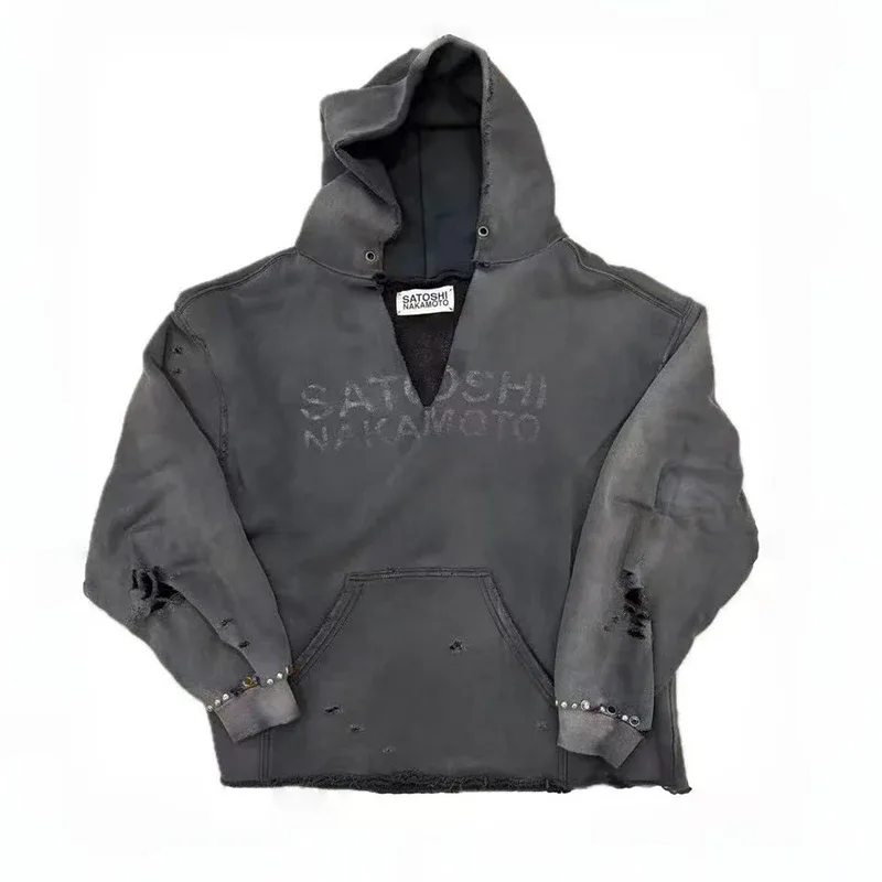 26SS Autumn Winter New Arrival Satoshi Nakamoto Hooded Sweatshirts Destructo Studded Washed Cotton Hooded Unisex Pullover — image 4