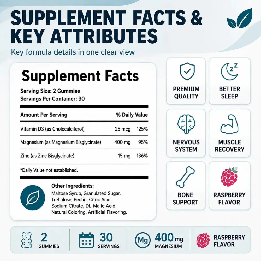 Magnesium Bisglycinate Gummies 400mg High Absorption for Sleep Muscle Recovery & Bone Support with D3 & Zinc Raspberry 60 Ct — image 4