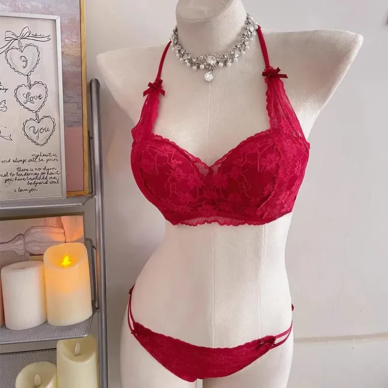 セクシーなBANERDANNI Halter Lace Bra Bow Soft Lace Fabric Padded Push Up Wireless Soft Innerwear Lingerie Small Bust All Day Comfort