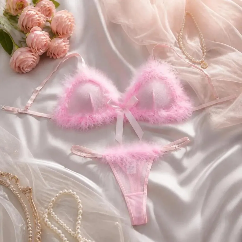 Furry Women's Underwear Wireless Mesh Transparent Lingerie Set Bow Decor Romantic Intimate Bra Panties Suit Valentine's Day