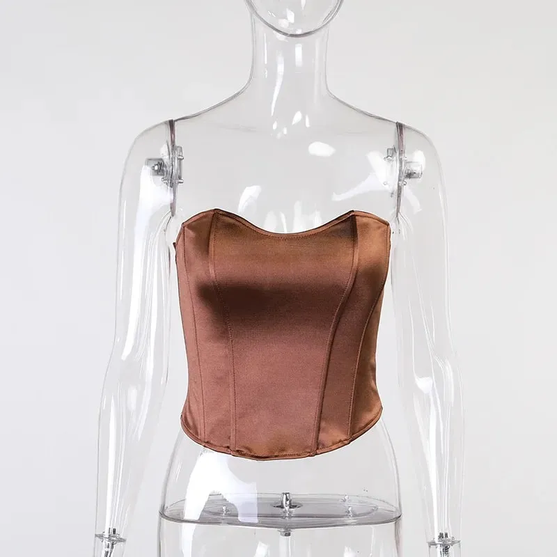 ผู้หญิงเซ็กซี่ Tube Tops Solid Slim Skinny Corset Cropped Top 2023 ฤดูร้อนสบายๆหญิงที่ไม่มีสายหนังเสื้อกั๊ก
