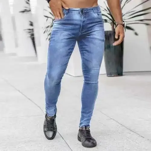 Men High Waist Skinny Jeans Stretch Pencil Pants Solid Color Ins Trendy Street Slim Fit Denim Trousers Male Casual Pants — image 11