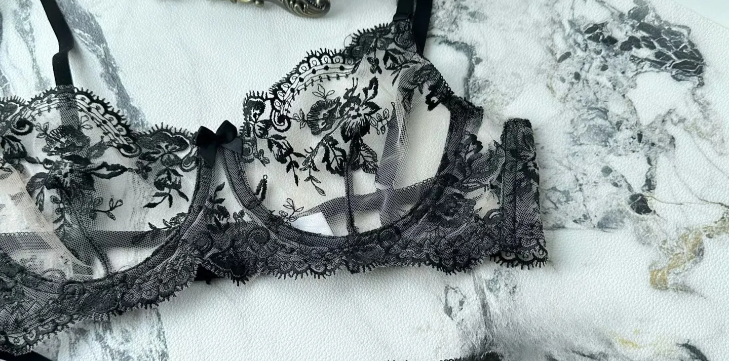 French Style Mesh Embroidery Lace Bra Set With Underwire Slightly Sheer Thin Lingerie Minimizer Bra For Big Bust S-XL — image 12