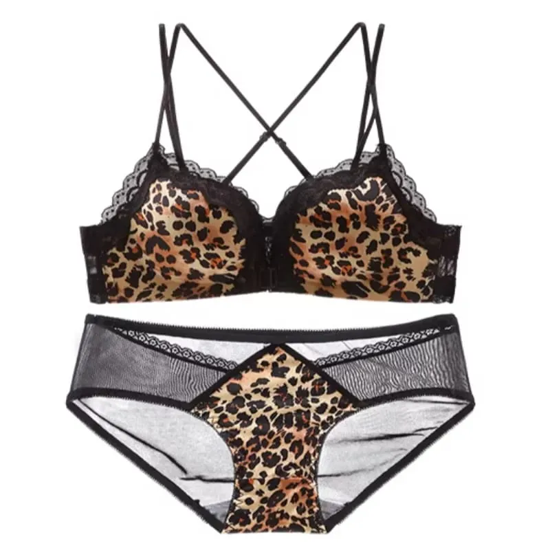 Women Bestselling Leopard Print Lingerie Set Front Closure Sexy Push Up Bra Lift Up Support Soft Daily Intimates Set