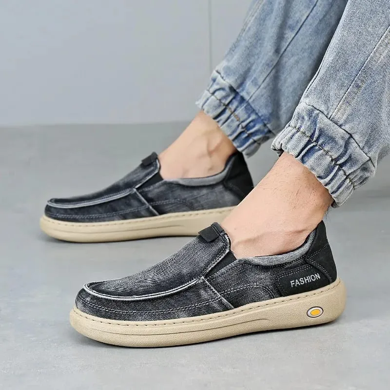 New Quality Denim Cloth Casual Man Shoes Fashion Men's Sneakers Slip on Walking Flats Breathable Lightweight Driving Work Shoes — image 5