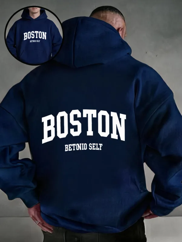 Oversized colorful hoodie, streetwear-style pullover, Boston Betonio back-print design, unisex casual wear, plus size.