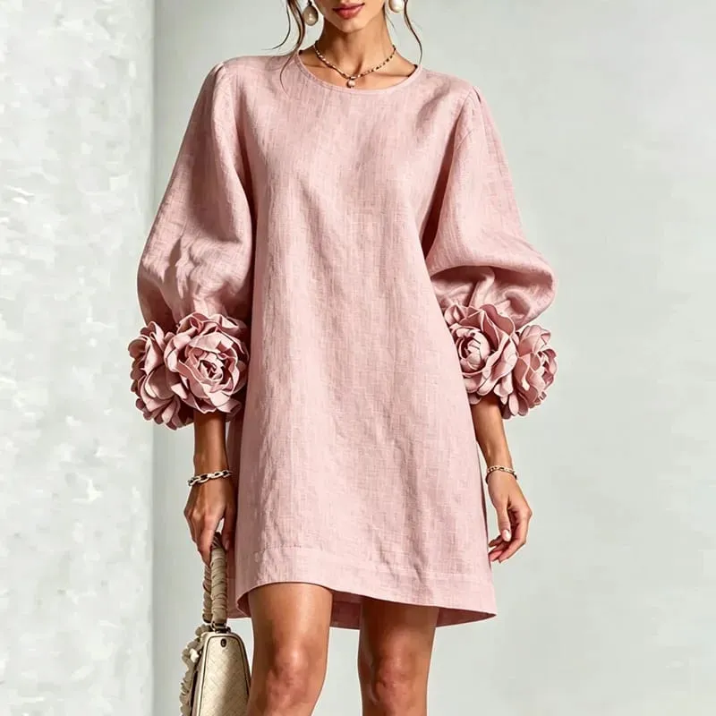 Women Solid Mini Dress Round Neck Puff Sleeve 3D Flower Cuff Loose Shift Dress Elegant Vacation Party Daily Casual Short Dresses