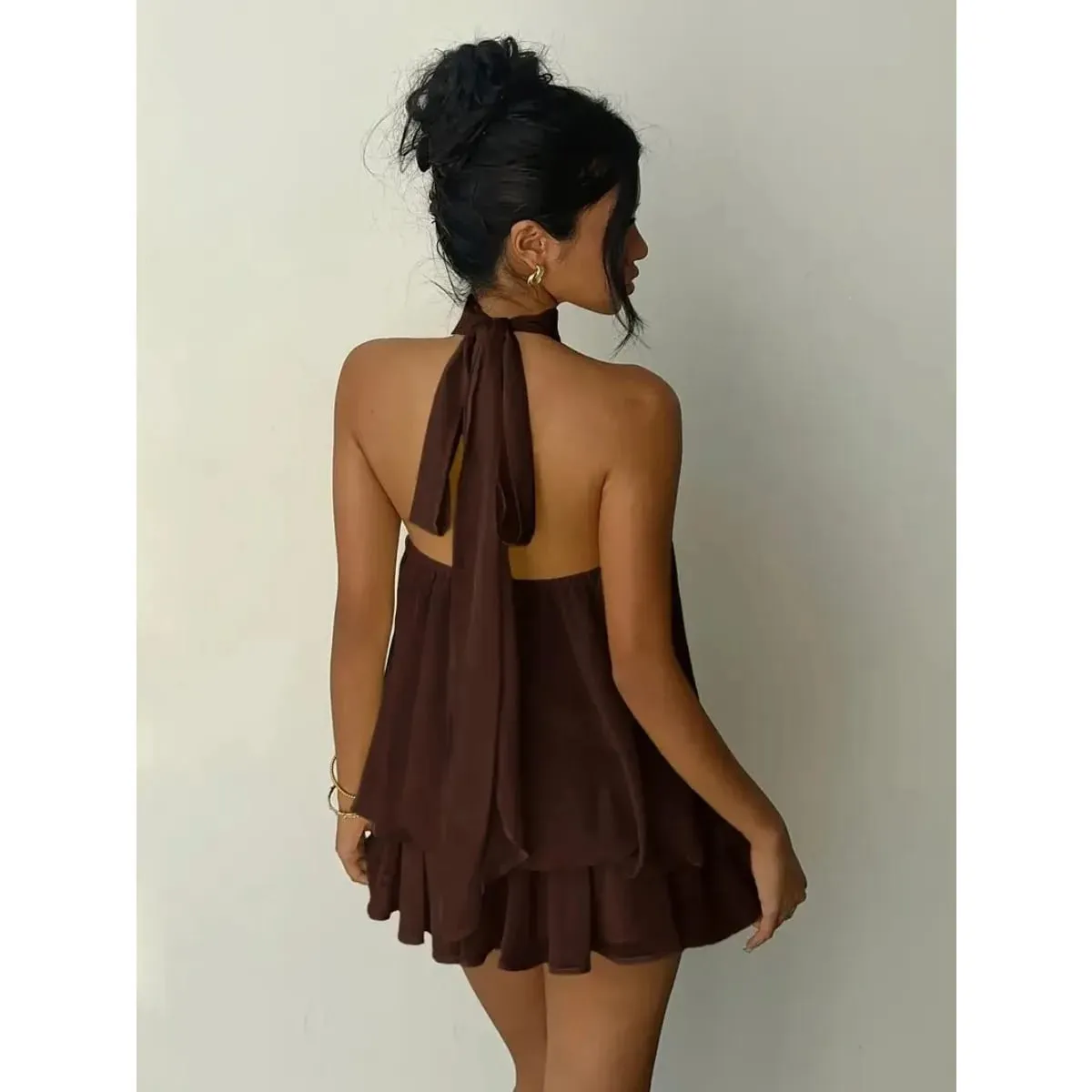 Women's Halter Neck Dress Backless Tie-Front Chiffon Sheer Mini Skirt Fashionable Sexy Y2K Vintage Cute Party Birthday Dress