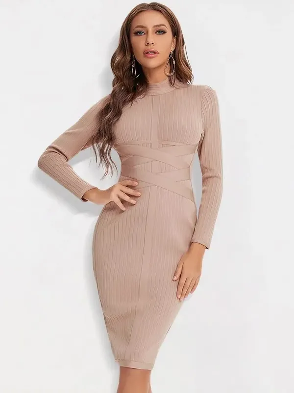 Sexy Red Bandage Dress 2023 Nude Turtleneck Long Sleeves Office Bodycon Dress Cross Criss Women Midi Vestidos Maxi XL