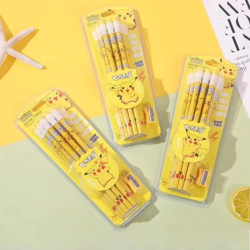 12pcs pokemon pencil with Eraser Pencil Sharpener cute pikachu Anime Figure School Supplies Office Stationery Kawaii Tools Gifts