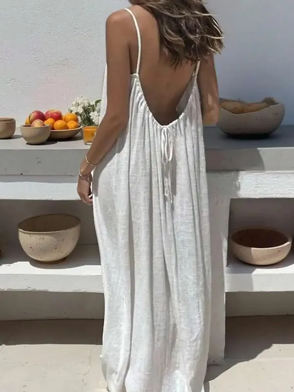 2026 New European & American Cross‑border Women’s Wear Solid Color Loose Casual Versatile Slip Backless Maxi Dress
