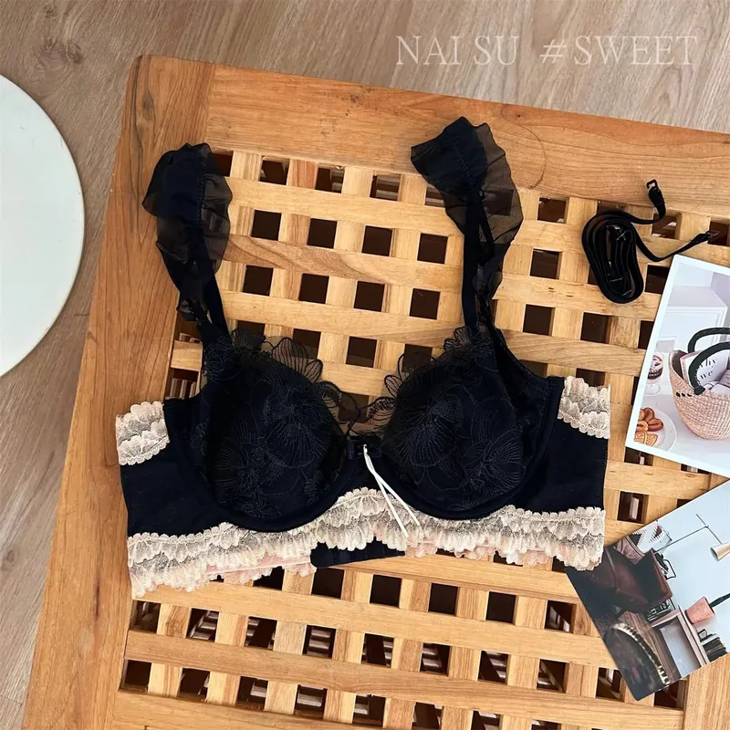 Sexig Anime Minimizer BH Stor byst Kanin Öronkopp Fransk Spets Bralette Ultra Tunn Retro Wirefree Support Comfort Set S-XL Tushy