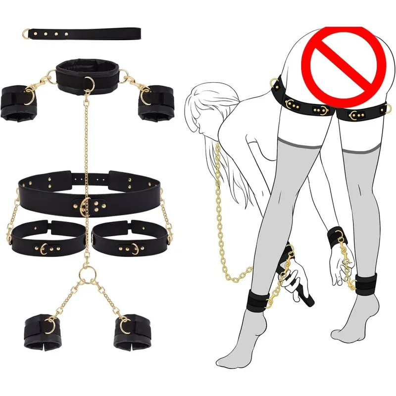 性愛束縛 BDSM 套件約束頸部到手腕 SM 可調式手銬腳踝大腿袖口交叉腰帶牽引鏈項圈