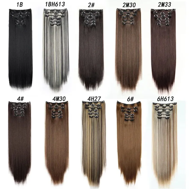 Black Hair Extensions 24"/60cm 6pcs/set Women Long Straight Synthetic Full Head Clip 16 Clips Ombre Heat Resistant Fiber Hair