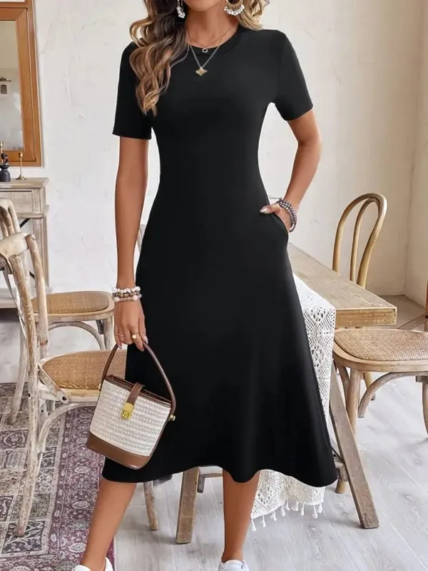 Slim Round Neck Short Sleeve Hanging A-Line Mid Length Skirt Daily Commuting Dress Simple And Elegant Women's Fashion