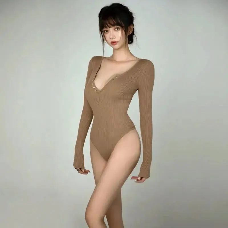 Long Sleeve Gold Button Detail Slim Fit V-Neck Bodysuit Sexy Elegant Wear Spring Autumn Women's Trendy Ribbed Knit Bodysui — image 8