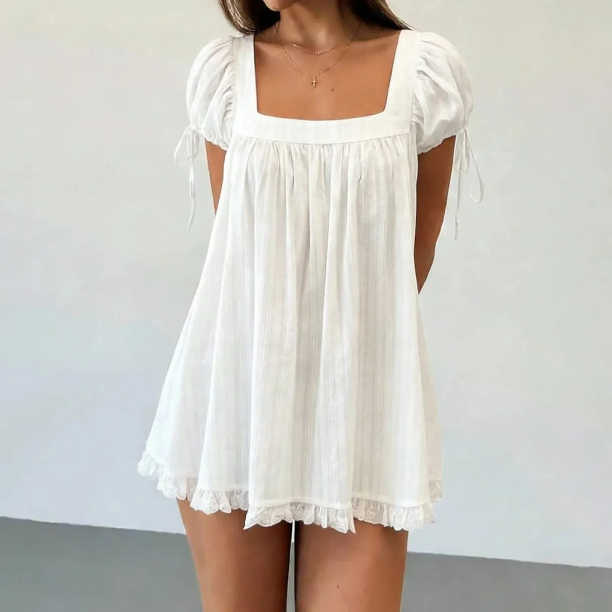Lamuusaa y2k Coquette Đầm Mùa Hè Nữ Cổ Vuông Tay Ngắn Chữ A Mini Xù Lông Váy để Mua Sắm Hàng Ngày Văn Phòng Du Lịch