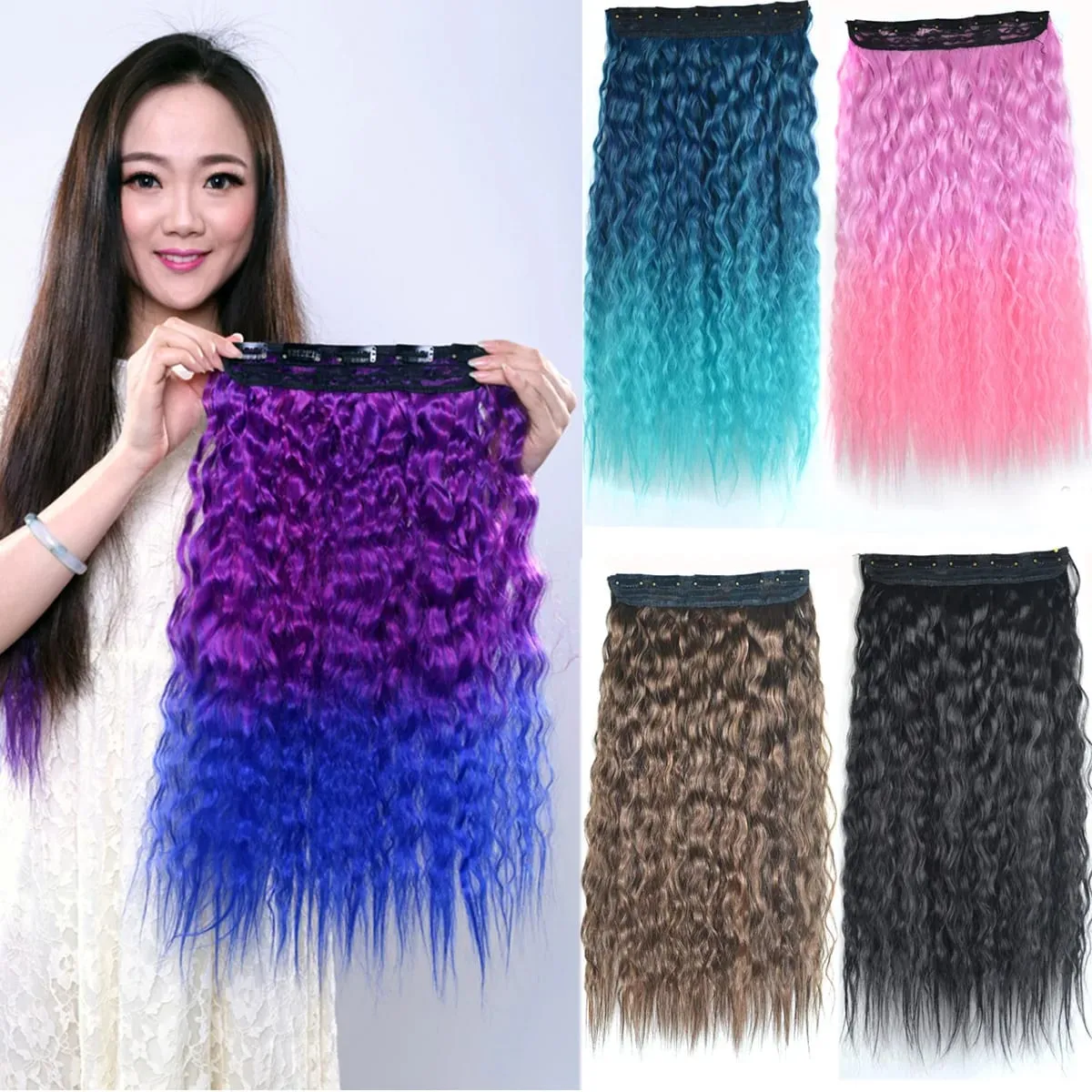 Jeedou Synthetic Clip-in One Piece Hair Extension Vibrant Gradient Kinky Curly Stylish Hairpieces for Nightclub Party Cosplay