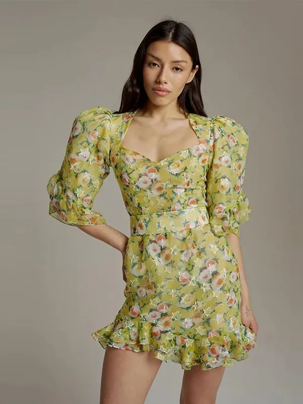Floral Print Side Split V-Neck Mini Dresses Slim Fitwaist Cinching Puff Sleeve 2026 Summer Elegant Women Party Sweet Vestidos