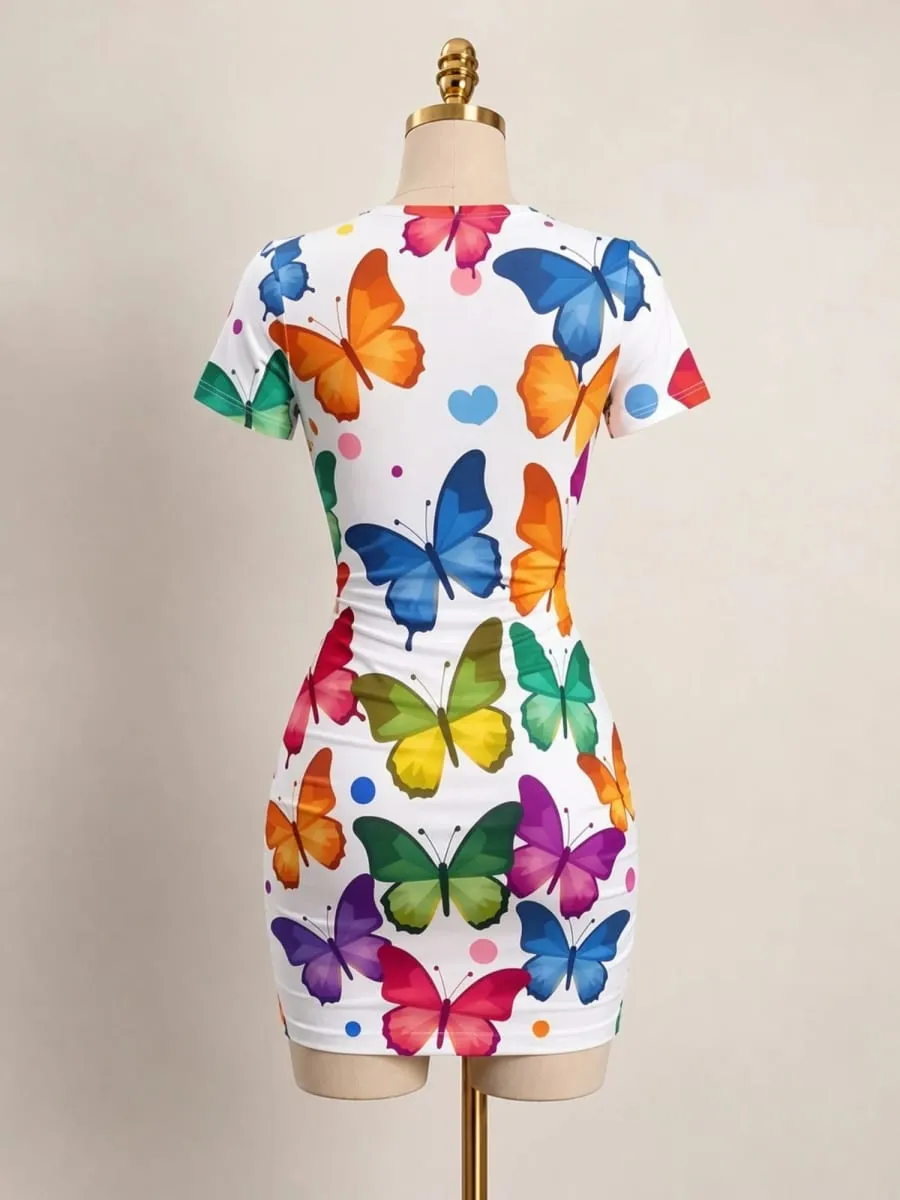 Womens Short Sleeve Bodycon Mini Dress Slim Fit Crew Neck Floral Print Casual Summer Party Cute Stretch Modern Vacation Sundress — image 4
