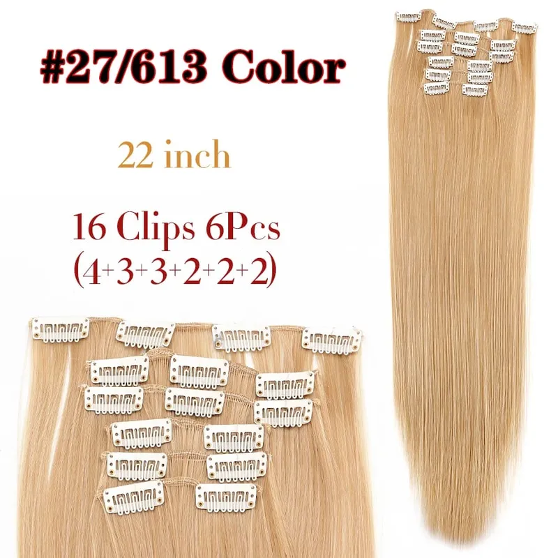 Black Clip In Extensions Straight 22" Long Synthetic Thick Clips On Hair Piece For Women 6Pcs/Set Curly Full Head Weddings Daily
