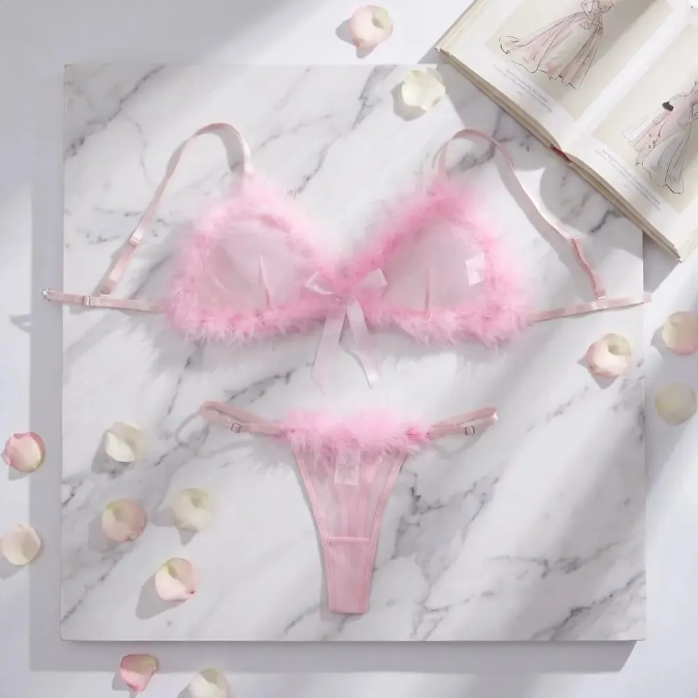 Furry Women's Underwear Wireless Bow Decor Lingerie Set Romantic Intimate Mesh Transparent Bra Panties Suit Anniversary — image 3
