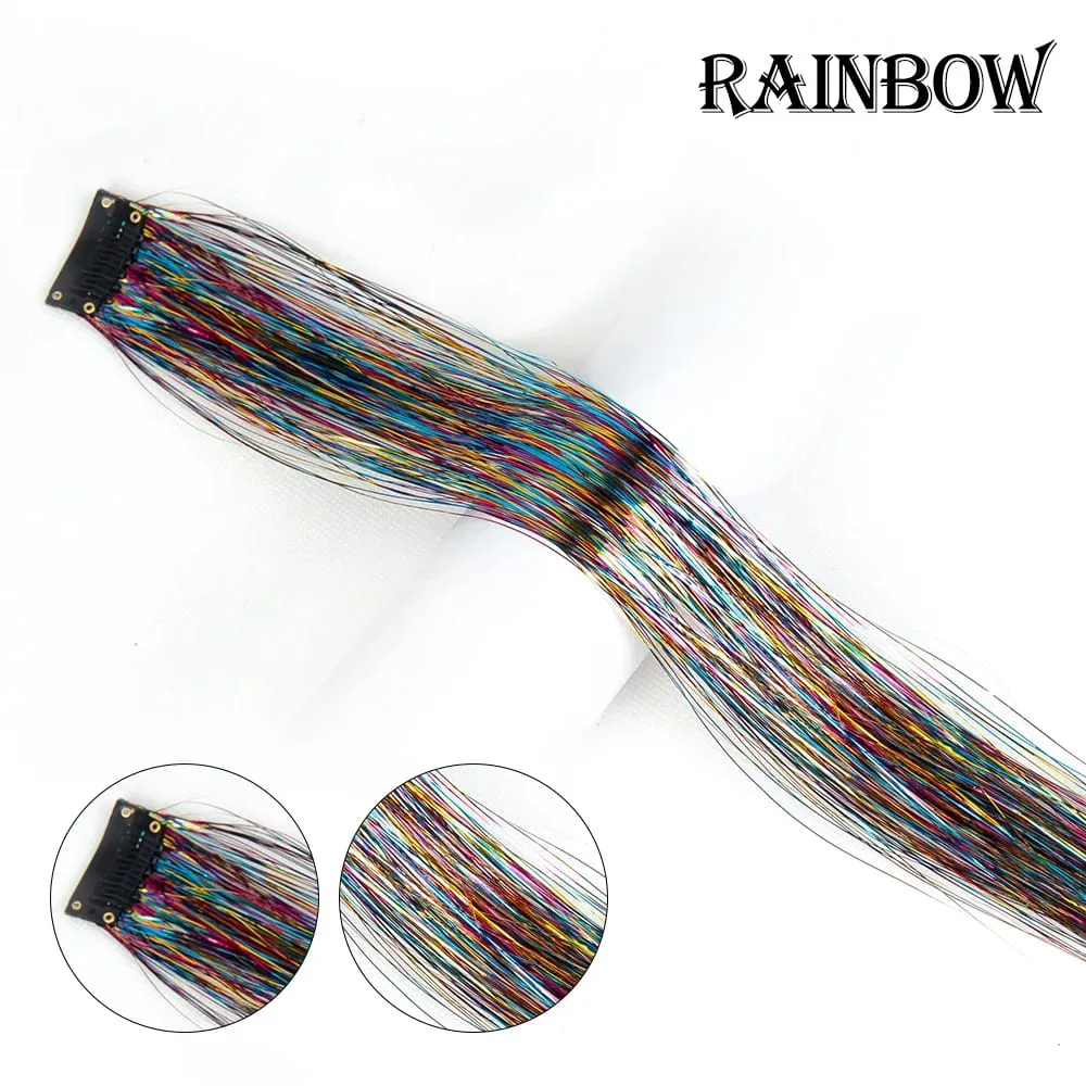Straight Rainbow Colored Party Highlights Clip On In Hair Extensions Bling Hair Piece Synthetic Hairpieces Sparkling Tinsel Red