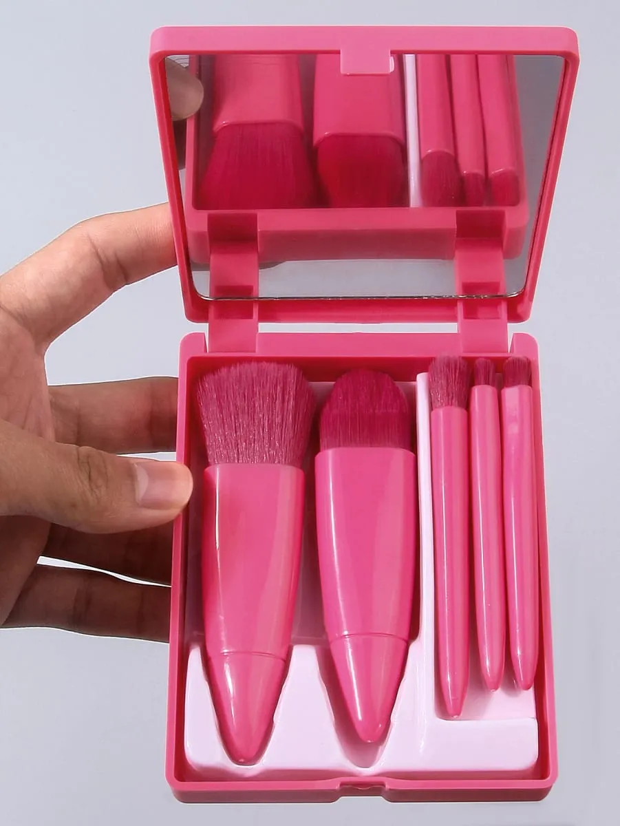 Sada 5 ks cestovních štětců na make-up Mini štětce na make-up Malé kompletní sada kosmetických štětců s pouzdrem a zrcátkem — image 4