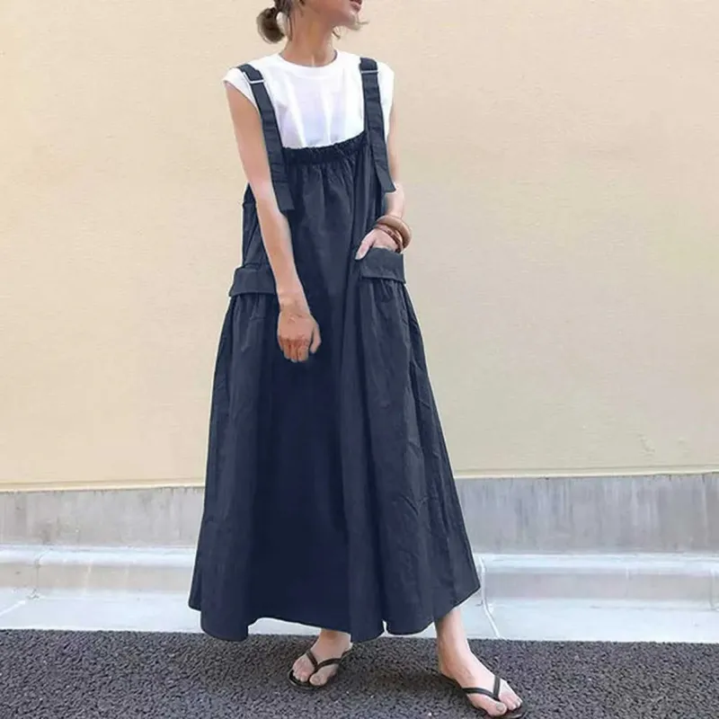 Women Fashion Suspender Dress With Long Straps Large Pockets And Over The Knee Pocket Straps Midi Dresses For Women Robe Femme