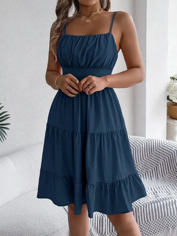 Casual Vacation Ruffled Camisole Dress Spring Summer Women's Solid Dresses For 2026 Valentine's Day Woman Clothing Pink Blue — image 15