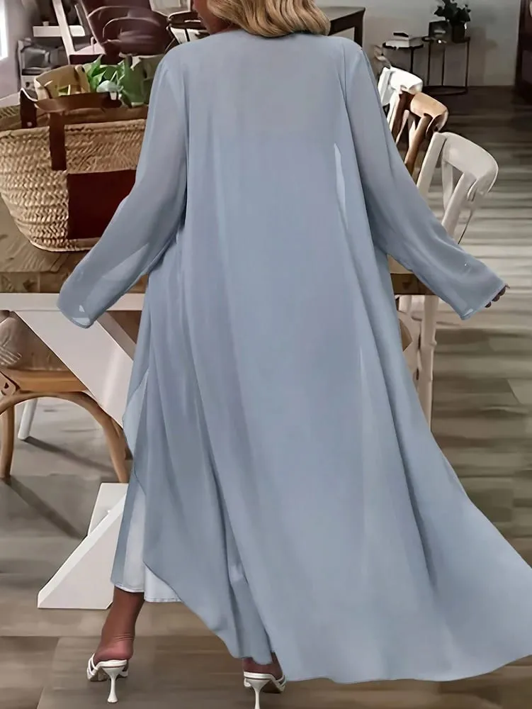 Plus-Size Women's Fashion: Spring/Fall Stylish and Elegant Lace and Chiffon Two-Piece Dress Set with V-Neck for a Sophisticated — image 4