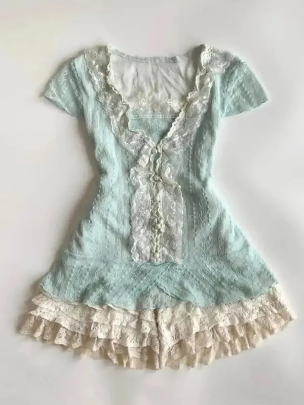 Pakaian Perca Renda Vintaj Y2K Wanita Set Dua Keping Kardigan Retro Elegan Musim Panas + Pakaian Mini Ramping Tanpa Lengan Fesyen Manis