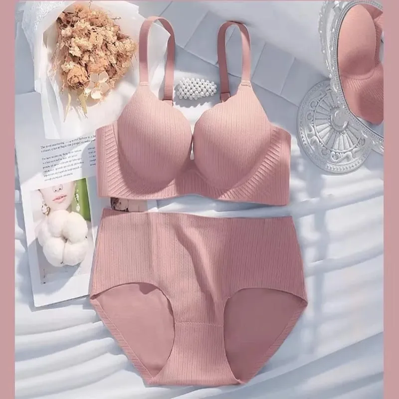 Thick Padded Wirefree Bra & Panty Set for Women Seamless Solid Comfort Gathering Lingerie Push Up Style Great for Smaller Bust