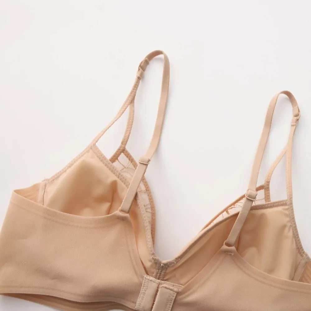 Women's Style Sexy Lingerie Set Thin Contrast Lace Patchwork Push-Up Wireless Bra with Double Shoulder Straps for Small Bust