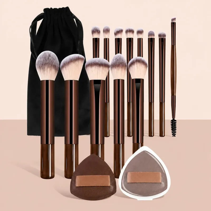 Makeup Brushes Kits with Storage Bag 13pcs Makeup Brushes & 2 Counts Powder Puffs & 1 Count Bag Professional Makeup Tools for