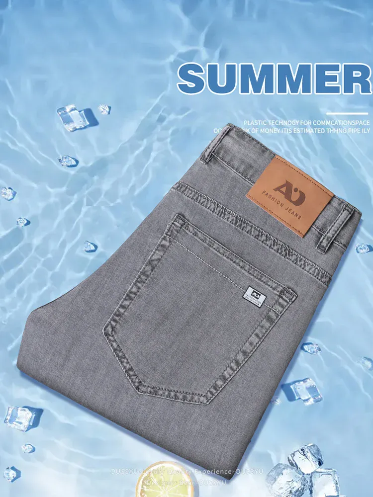 Summer Thin Men's Loose Straight Jeans Lyocell Soft Drape Business Casual Trousers Smoke Gray Ice Silk Pants Plus Size 40 42