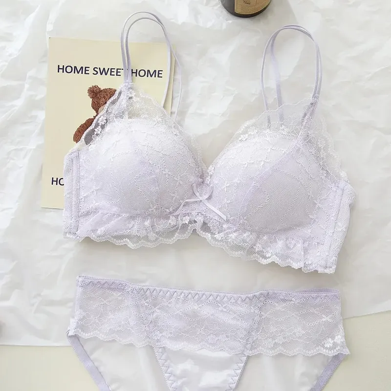 Sweet Sheer Lace Lingerie Set Double Straps Wireless Bra for Small Bust Lift & Gather