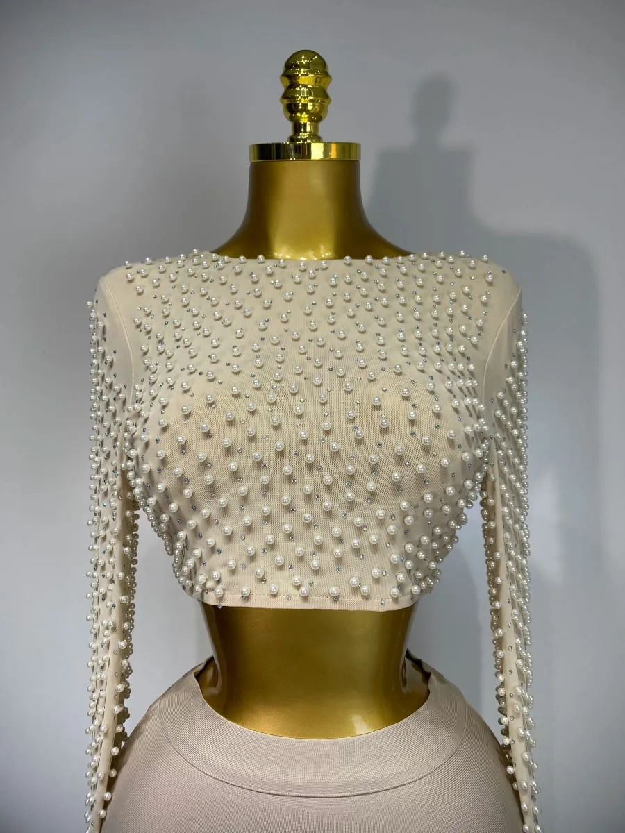 Set da donna sexy a maniche lunghe in rete con perle Top Celebrity Midi Set di fasciature da donna 2025 Set da due pezzi di compleanno di lusso per feste serali di design
