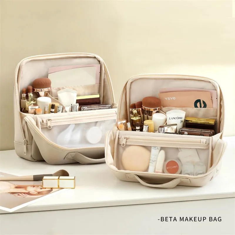 Standing Makeup Brushes Storage Bag PU Leather Multi Compartment Cosmetic Tools Bag Large Capacity Skincare Toiletry Organizer