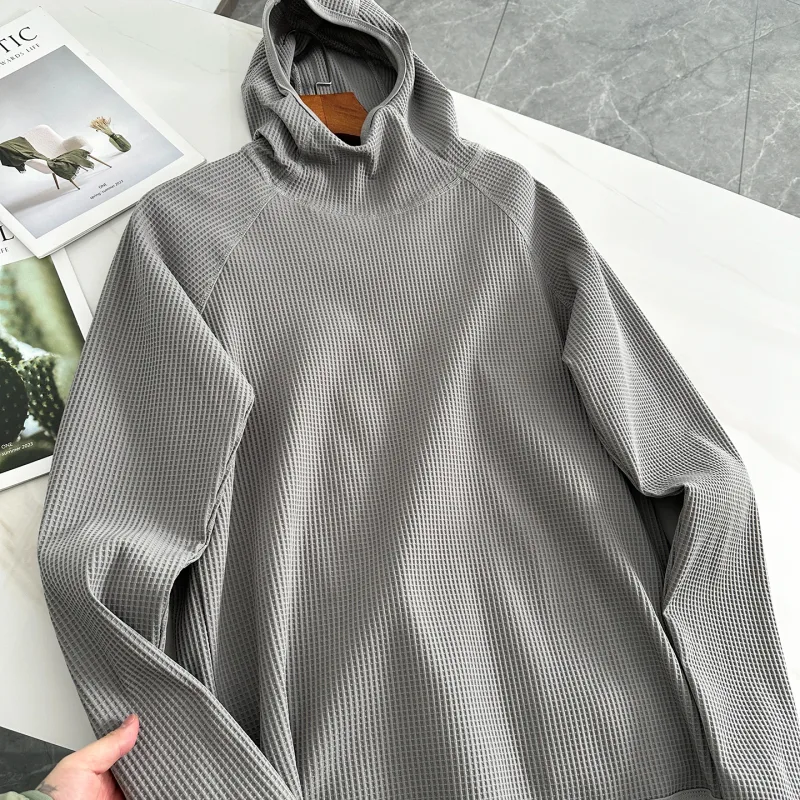 Lightweight Soft Elastic Waffle Grid Harajuku Style Half Face Hooded Loose Thin Sweatshirt Unisex Polyester Fiber Long Sleeve