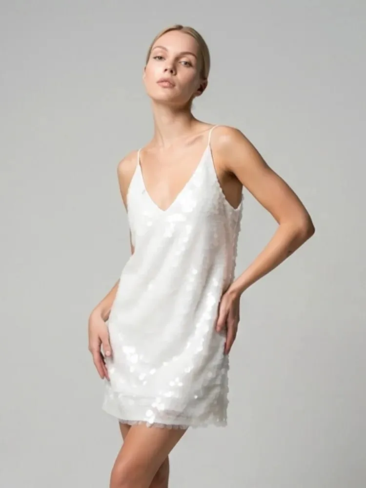 2026 Women White Sequins Mini Dress Sexy Deep V-neck Spaghetti Strap Loose Vestido New Fashion Summer Club Party Evening Dresses — image 2