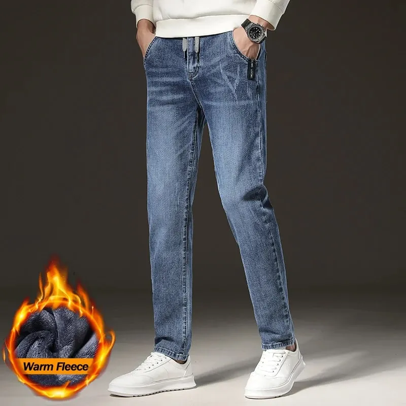 Warm Winter Jeans Men's Fleece Light Blue Slim Straight Denim Pants High Quality Thicken Velvet Elastic Comfort Casual Trousers — image 3
