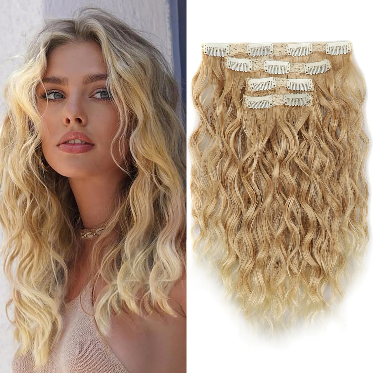 Clip in Hair Extensions 4PCS 14inch Short Curly Wavy Hair Extensions Invisible Lace Weft Soft Synthetic Hairpieces for Women — image 1