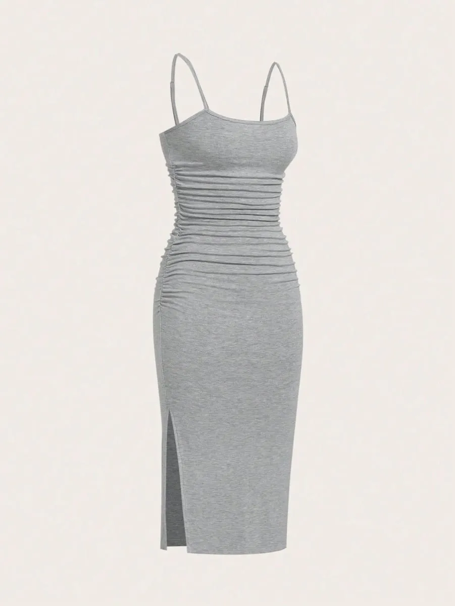 Women Spaghetti Strap Midi Dress Ruched Side Bodycon Slit Cami Pencil Midi Dress — image 2
